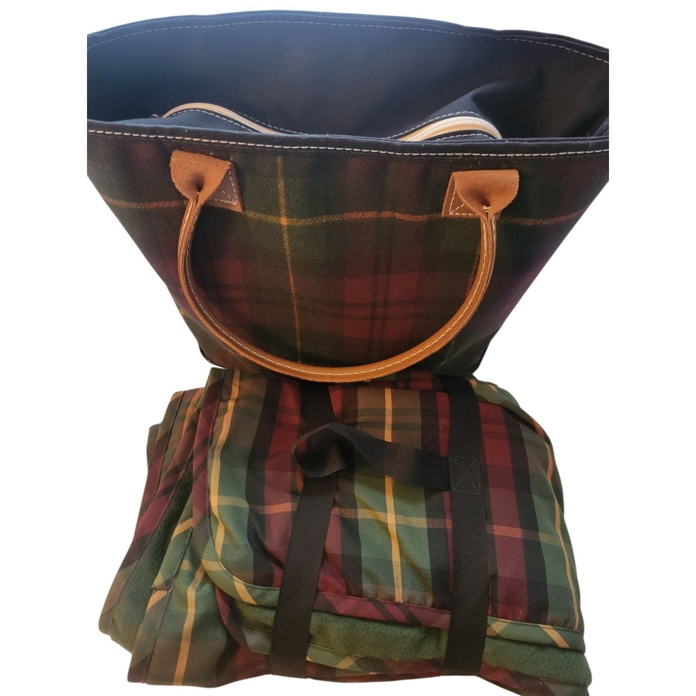 L.L.Bean HTF Picnic Zipper Canvas Tote Blanket Set Multi Plaid Used Once